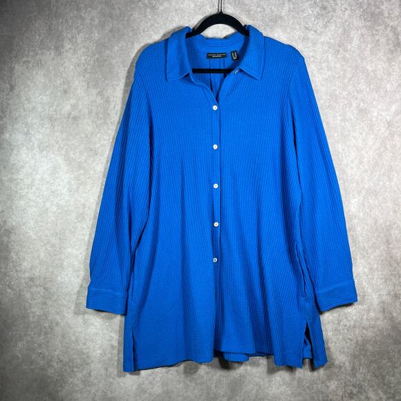 Susan Graver Weekend Shirt Womens Size 1X Blue Waffle Knit Button Up Long Sleeve - Picture 1 of 9